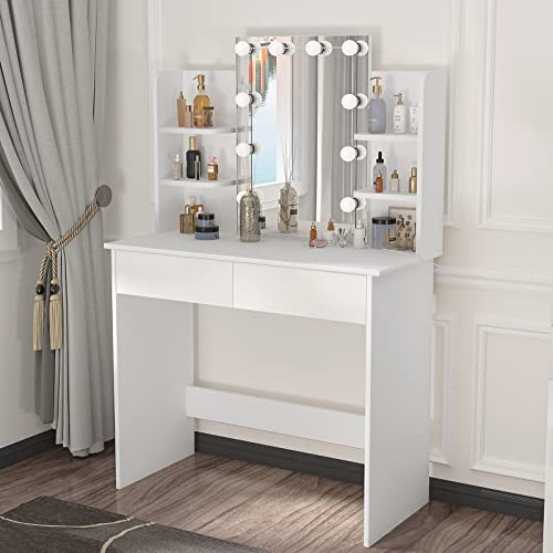 Table de maquillage d'angle coiffeuse avec miroir et LED + tabouret gris  clair