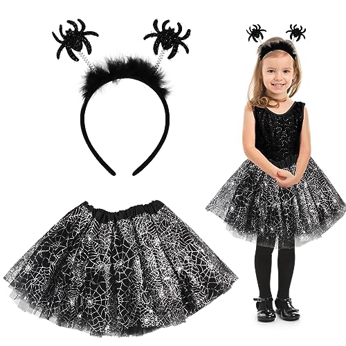 Aurasky Déguisement Halloween Fille, Costume Sorcière Enfant, Jupe Araignée Argentée,